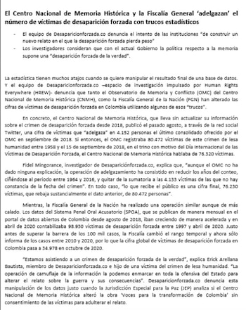 Denuncian que la Fiscalía y el Centro de Memoria Histórica están ocultado las cifras de desaparecidos en Colombia