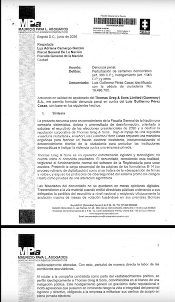 La denuncia recopila publicaciones en redes sociales en las que Luis Guillermo Pérez cuestionó la transparencia de los resultados de la segunda vuelta presidencial. - crédito Blu Radio