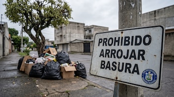 Señal de 'prohibido arrojar basura' en primer plano con logo municipal, un poste de luz y, detrás, bolsas de basura y cartones acumulados en una acera de San Salvador.