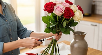 Una persona con camisa vaquera prepara un ramo de rosas rojas, rosadas y blancas, cortando el envoltorio. Un florero de cerámica está a su lado.