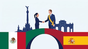 Dos figuras de mujer y hombre se dan la mano sobre un puente. A la izquierda, la bandera de México y el Ángel de la Independencia. A la derecha, la bandera de España y la Puerta de Alcalá.