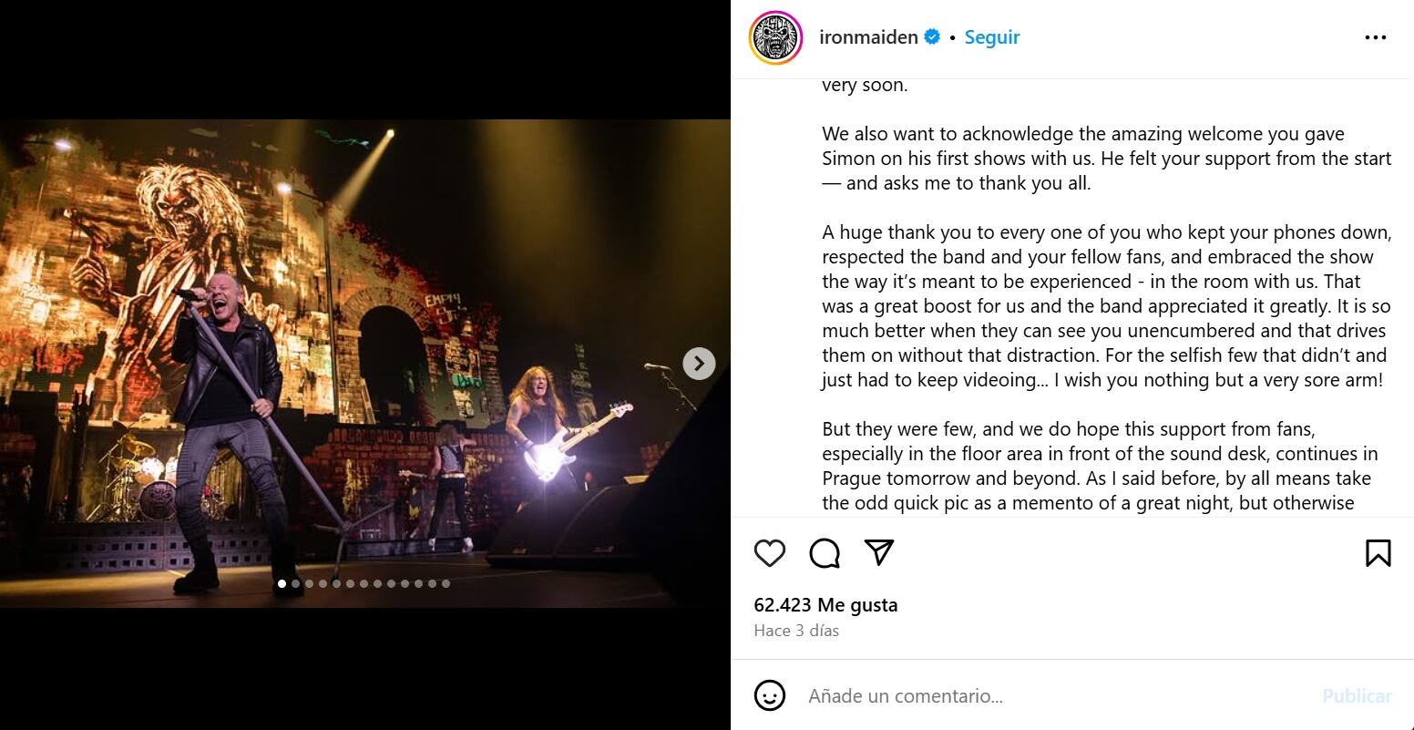 Rod SmallWood agradeció el apoyo a los fans que no sacaron su celular durante los primeros conciertos en Budapest. (Créditos: Instagram / ironmaiden)