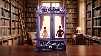 Un libro titulado Amantes del poder en una mesa de madera frente a varias estanterías repletas de libros en una biblioteca.