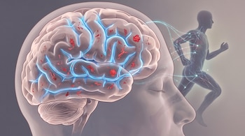 Perfil de una cabeza humana, cerebro semitransparente con canales azules luminosos y puntos rojos, y silueta de una persona corriendo en el fondo.