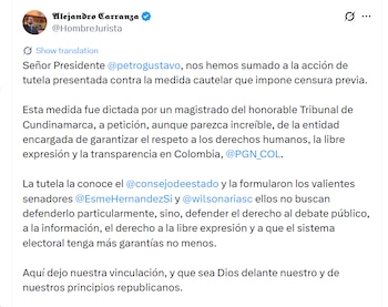 El abogado calificó la decisión del Tribunal Administrativo de Cundinamarca como una forma de “censura previa” - crédito @HombreJurista/X