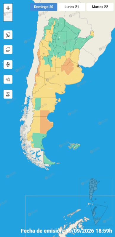 El mapa del SMN muestra alertas amarillas y naranjas por tormentas, viento, nevadas y lluvias para este domingo