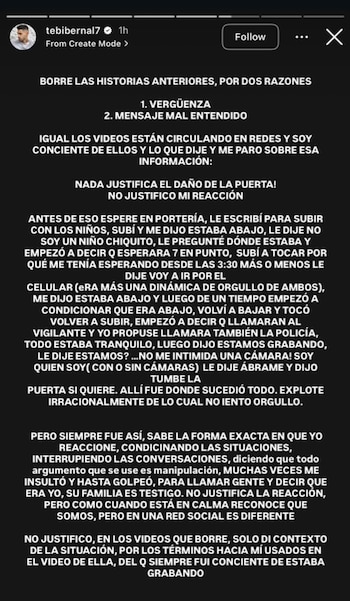 Ante la controversia, Bernal admitió la gravedad del incidente y explicó que borró sus primeras historias por vergüenza y para evitar malentendidos - crédito @tebibernal7/ Instagram