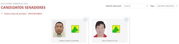 Página web con dos fotos de candidatos a senadores por Cusco en 2026: un hombre y una mujer, ambos con el logo de su partido político Progresemos