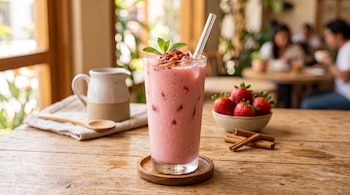 Vaso con bebida rosada con hielo, sorbete y menta, sobre un posavasos junto a un cuenco de fresas y ramas de canela en una mesa.