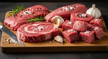 Cortes de carne roja cruda variados, incluyendo filetes y cubos, sazonados con sal, pimienta, romero y ajo, presentados en una tabla de madera junto a un cuchillo.