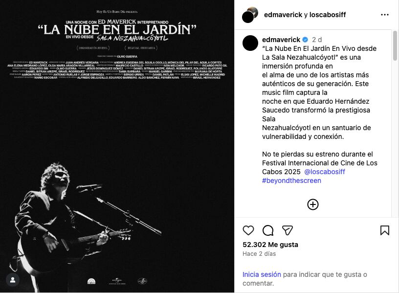 El artista chihuahuense Ed Maverick anunció el estreno de la music film de su concierto en la Sala Nezahualcóyotl.Crédito: Instagram/ @edmaverick