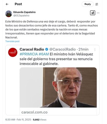 Eduardo Zapateiro también habló de la renuncia del ministro - crédito @EEZapateiro