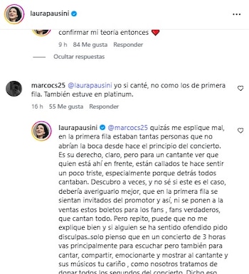 Laura Pausini se disculpó tras reclamar a la primera fila en su concierto de Lima y agradeció el cariño de la segunda fila. IG