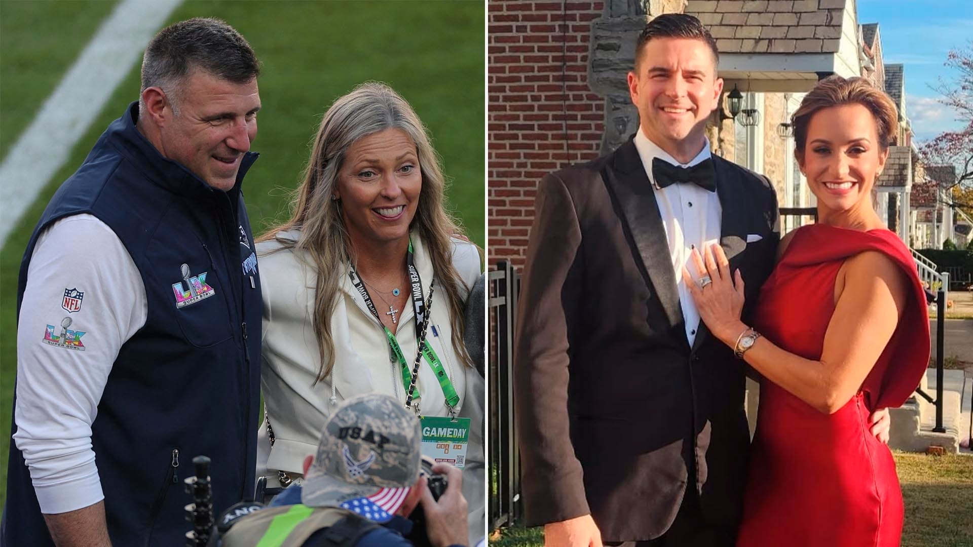 Mike y Jen Vrabel durante un evento relacionado con el Super Bowl, mientras Dianna Russini posa en un evento de gala junto a su esposo.