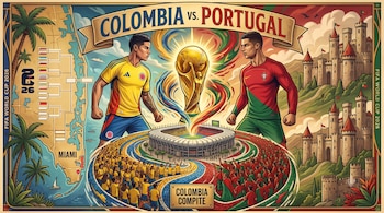 Ilustración de James Rodríguez y Cristiano Ronaldo frente a un trofeo dorado, un estadio, fanáticos, un mapa de Miami y un castillo, con el texto COLOMBIA vs. PORTUGAL.