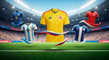Cinco camisetas de fútbol de selecciones nacionales flotan sobre un campo de césped verde dentro de un estadio iluminado, con confeti dorado.