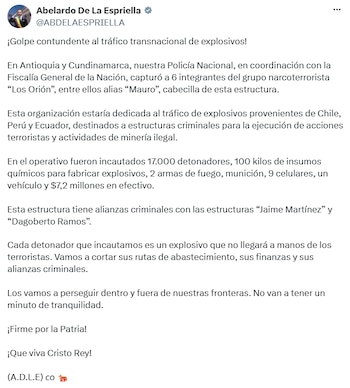 Abelardo de la Espriella informó sobre el operativo y los resultados obtenidos contra la estructura. - Crédito @ABDELAESPRIELLA/X