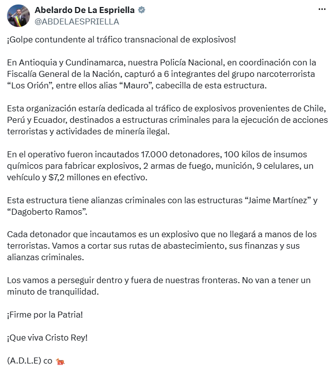 Abelardo de la Espriella informó sobre el operativo y los resultados obtenidos contra la estructura. - Crédito @ABDELAESPRIELLA/X