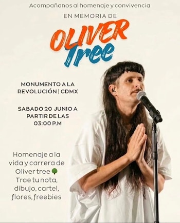 Pôster tributo a Oliver Tree com foto do artista no palco com microfone, vestindo camiseta branca, cabelo comprido e franja curta, além de detalhes do evento.