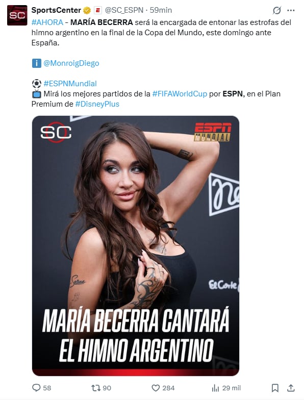 Confirman que María Becerra será la artista encargada de cantar el himno en la final