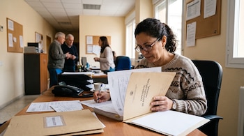 Una mujer con gafas sostiene una carpeta sobre adopción nacional en un escritorio con documentos y más personas al fondo.