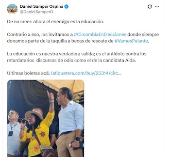 El comentario de Daniel Samper Ospina sumó más tensión a la conversación digital contra Aida Quilcué - crédito @DanielSamperO/X