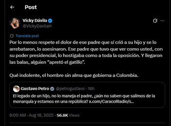 Vicky Dávila contestó al mensaje de Gustavo Petro - crédito @VickyDavilaH