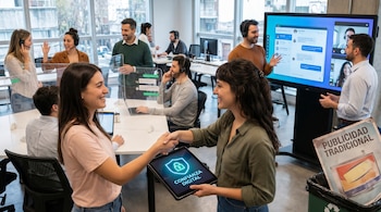 Oficina. Dos mujeres se dan la mano, una con tableta 'Confianza Digital'. Empleados con auriculares. Monitor muestra chats. Cartel 'Publicidad Tradicional' en papelera.
