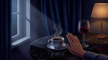 Mano, taza de café humeante, plato, copa de vino tinto, mesa de mármol negro, lámpara de mesa, cortinas azules, ventana, luz de luna.