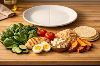 Disposición de alimentos saludables sobre una mesa de madera clara con espinaca, brócoli, pepino, jitomate, pollo, huevos duros, tofu, arroz integral, camote y tortillas. Un plato vacío dividido en secciones se ve al fondo.