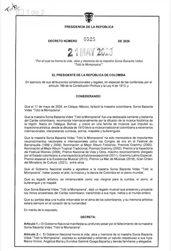 Totó la Momposina será homenajeada con la Cruz de Boyacá, la máxima distinción honorífica otorgada por el Estado colombiano de manera póstuma - crédito Ministerio de las Culturas