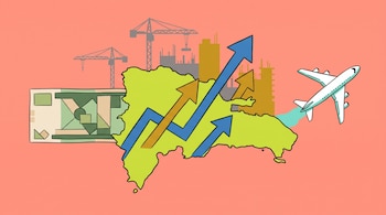 Mapa verde de República Dominicana con flechas ascendentes, un billete, un avión comercial y edificios en construcción sobre fondo rosa.