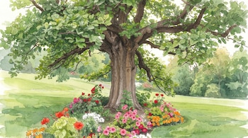 Ilustración acuarela de un árbol grande con hojas verdes, flores de varios colores en su base, césped verde y arbustos de fondo.