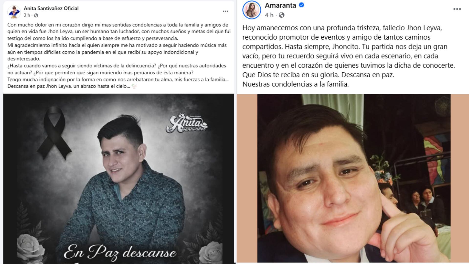 Diversos artistas del folclore peruano, incluyendo a Anita Santivañez y Amaranta, expresan su profundo dolor y condolencias tras el trágico asesinato de Jhon Leyva, reconocido promotor de eventos.