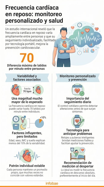 Infografía sobre frecuencia cardíaca en reposo con un hombre usando un reloj inteligente, gráficos de latidos, corazones e iconos de salud y monitoreo.