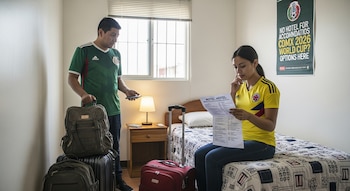 Hombre con camiseta de México y mujer con camiseta de Colombia en una habitación de hostal con maletas. La mujer lee un folleto de hotel.