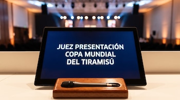 Una pantalla digital con texto sobre la Copa Mundial del Tiramisú y un micrófono frente a un auditorio de fondo difuminado.