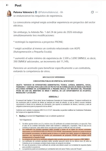 La dirigente política pidió explicaciones sobre las razones técnicas que motivaron las modificaciones realizadas antes del cierre de convocatorias -crédito @PalomaValenciaL/X