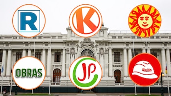 Edificio del Palacio Legislativo con seis logos de partidos políticos superpuestos: una R, una K, un sol, la palabra OBRAS, las letras JP y un casco con la palabra Nación