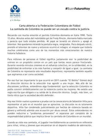 La Defensoría del Pueblo sostiene que los futbolistas convocados para la Copa Mundial FIFA 2026 deben ser ejemplo de integridad ante la sociedad - crédito @MarnIris/X