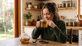Una mujer sostiene una taza de vidrio con infusión sobre una mesa de madera junto a una tetera de cristal.