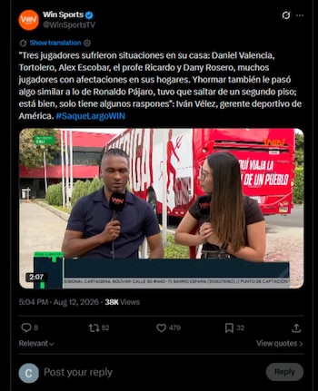 Este fue el momento cuando el directivo del cuadro Escarlata entregó detalles de cómo se encuentran los jugadores del club vallecaucano-crédito @WinSportsTV/X