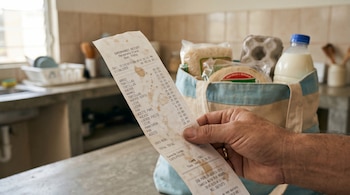 Primer plano de una mano sosteniendo un ticket de supermercado arrugado; detrás hay una bolsa con arroz, tortillas, huevos y leche en una cocina desenfocada.