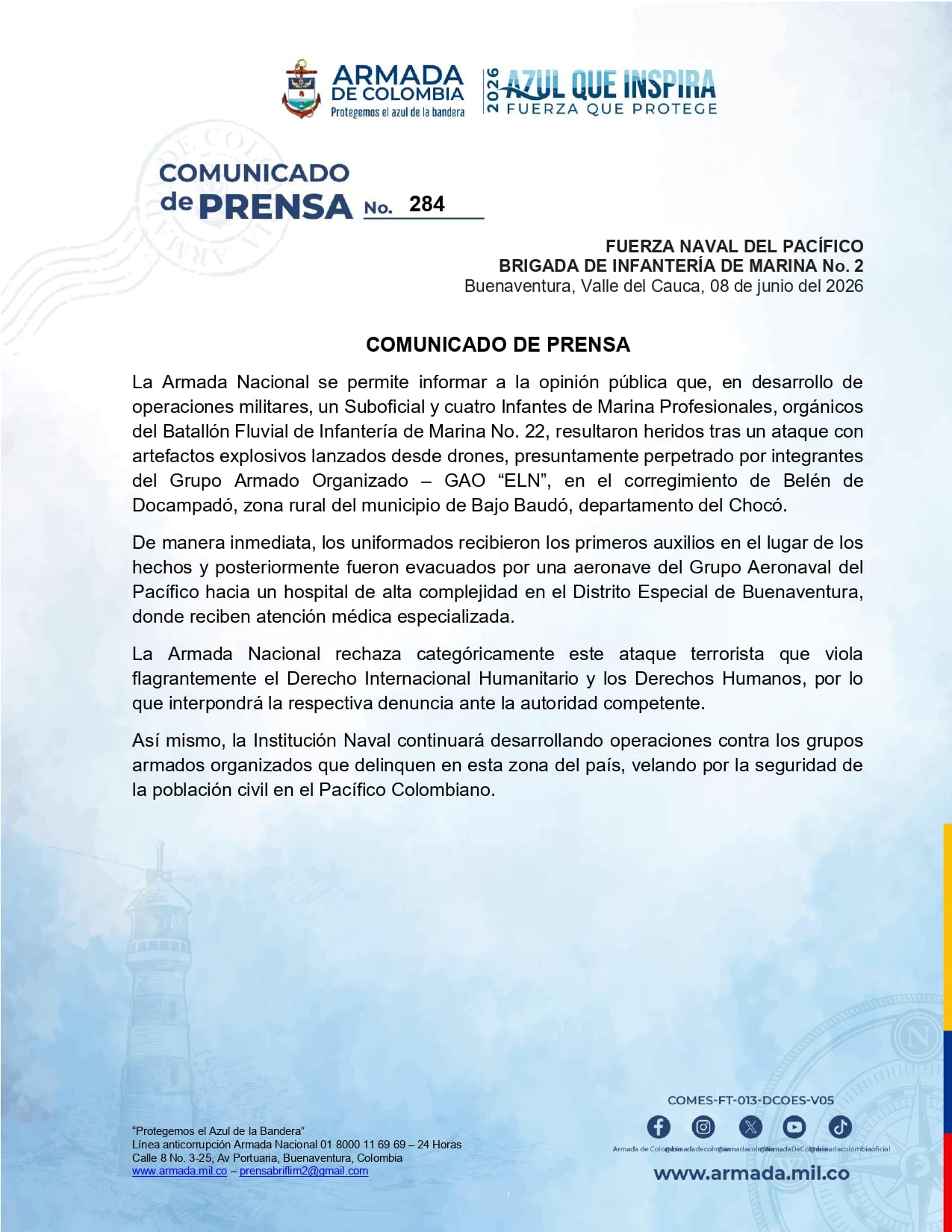 Los uniformados heridos en Belén de Docampadó pertenecen al Batallón Fluvial de Infantería de Marina No. 22, según la Fuerza Naval del Pacífico - crédito Armada de Colombia