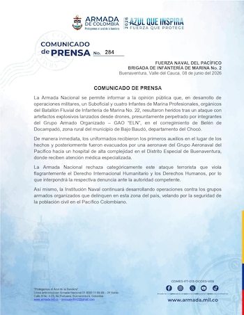 Os soldados feridos em Belén de Docampadó pertencem à Marinha de Infantaria Rio nº 22, segundo a Força Naval do Pacífico – crédito da Marinha da Colômbia.