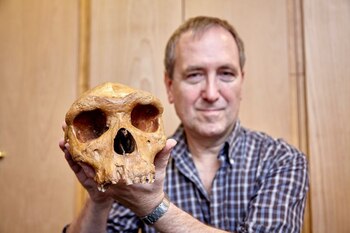 El profesor Chris Stringer del Museo de Historia Natural sostiene el cráneo de Broken Hill, un fósil de la especie humana extinta Homo heidelbergensis hallado en Zambia en 1921, en esta imagen distribuida por Reuters. 31 de marzo, 2020. Kevin Webb/NHM Image Resources/Los Administradores del Museo de Historia Natural en Londres/Handout via REUTERS.
