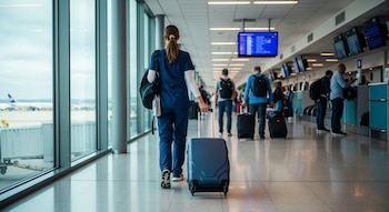 Una enfermra recorre un aeropuerto con su maleta.
