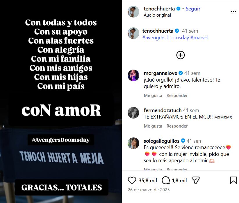 El actor ya había dejado ver su entusiasmo por su participación en esta cinta previamente. (Instagram/ @tenochhuerta)