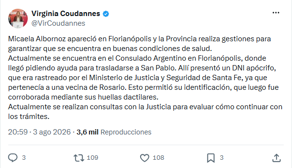 La búsqueda de la rosarina abarcó varias provincias argentinas, desde Córdoba hasta Misiones, antes de que apareciera en Brasil