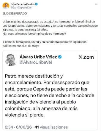 Cepeda respondió en la misma red social y apuntó directamente contra Uribe. “Uribe, el único desesperado es usted”, afirmó el senador - crédito @IvanCepedaCast/X